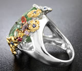Серебряное кольцо с зеленым аметистом и разноцветными сапфирами Серебро 925