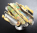 Серебряное кольцо с кристаллическими эфиопскими опалами и оранжевым сапфиром Серебро 925