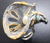 Серебряное кольцо с жемчужиной, эфиопским опалом и синим сапфиром Серебро 925
