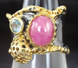 Серебряное кольцо с розовым сапфиром и голубым топазом Серебро 925