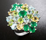 Серебряное кольцо с зелеными агатами, цитринами, голубыми топазами и перидотами Серебро 925