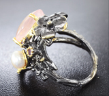 Серебряное кольцо с розовым кварцем, аметистами и жемчугом Серебро 925