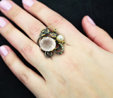 Серебряное кольцо с розовым кварцем, аметистами и жемчугом Серебро 925