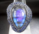 Серебряное кольцо с лабрадоритом и синими сапфирами Серебро 925