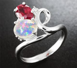 Прелестное серебряное кольцо с кристаллическим эфиопским опалом и рубином Серебро 925