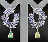 Шикарные серебряные серьги с кристаллическими опалами и танзанитами Серебро 925