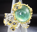 Серебряное кольцо с яблочным пренитом и сапфирами Серебро 925