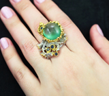 Серебряное кольцо с яблочным пренитом и сапфирами Серебро 925