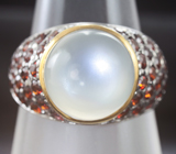 Серебряное кольцо с лунным камнем с эффектом «кошачьего глаза» и мозамбикскими гранатами Серебро 925
