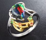 Серебряное кольцо с ограненным черным опалом, цаворитами и сапфирами Серебро 925
