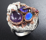 Серебряное кольцо с аметистом, ограненными черными опалами и сапфирами Серебро 925