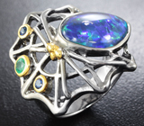 Серебряное кольцо с австралийским триплет опалом, синими сапфирами и изумрудами Серебро 925