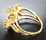 Золотое кольцо орегонским солнечным камнем 1,3 карат, уральскими демантоидами и бриллиантами Золото