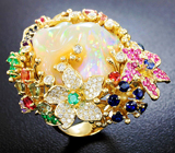 Золотое кольцо с кристаллическим опалом, сапфирами, изумрудами, шпинелями, аметистами и бриллиантами Золото