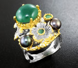 Серебряное кольцо с хризопразом, цветным жемчугом и изумрудами