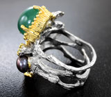 Серебряное кольцо с хризопразом, цветным жемчугом и изумрудами