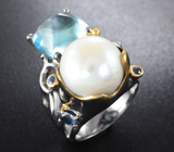 Серебряное кольцо с жемчужиной, голубым топазом и синими сапфирами Серебро 925