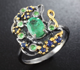 Серебряное кольцо с изумрудами, цаворитами и синими сапфирами Серебро 925