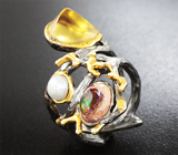 Серебряное кольцо с лимонным цитрином, мексиканским jelly опалом и жемчужиной Серебро 925