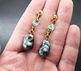 Серебряные серьги с цветным жемчугом барокко, голубыми топазами и розовыми турмалинами Серебро 925