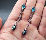 Серебряные серьги с цветным жемчугом, голубыми топазами и пурпурными сапфирами Серебро 925