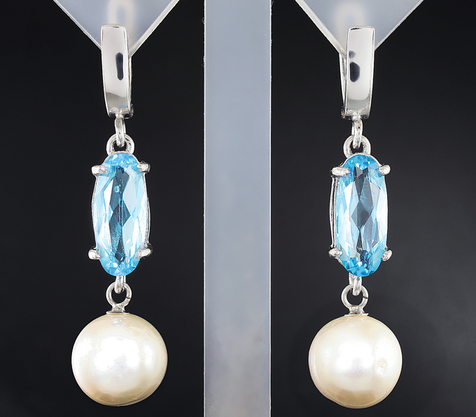 Серебряные серьги с жемчугом и голубыми топазами