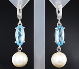 Серебряные серьги с жемчугом и голубыми топазами Серебро 925