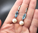 Серебряные серьги с жемчугом и голубыми топазами Серебро 925