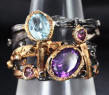 Серебряное кольцо с аметистом, голубым топазом и родолитами Серебро 925