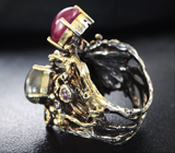 Серебряное кольцо с рубином, сапфиром, диопсидами и аметистом Серебро 925