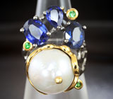 Серебряное кольцо с жемчужиной барокко, топовыми кианитами и цаворитами Серебро 925