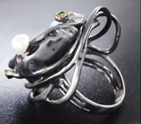 Серебряное кольцо с цветным жемчугом барокко, белым жемчугом и диопсидами Серебро 925