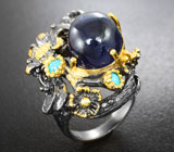 Серебряное кольцо с насыщенно-синим сапфиром и бирюзой Серебро 925