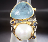 Серебряное кольцо с аквамарином, жемчужиной и синими сапфирами Серебро 925