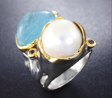 Серебряное кольцо с аквамарином, жемчужиной и синими сапфирами Серебро 925