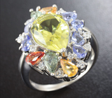 Яркое серебряное кольцо с лимонным цитрином, танзанитами и разноцветными сапфирами Серебро 925