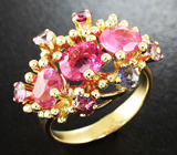 Золотое кольцо с рубеллитом турмалином 1,09 карат и редкими розовыми шпинелями 2,37 карат