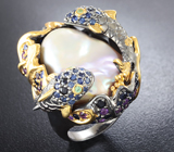 Серебряное кольцо с жемчужиной барокко, аметистами, синими сапфиарми и перидотами Серебро 925
