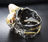 Серебряное кольцо с жемчужиной барокко и мозамбикским гранатом Серебро 925