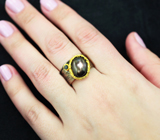 Серебряное кольцо cо звездчатым солнечным камнем и насыщенно-синим сапфиром Серебро 925