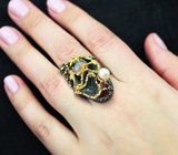 Серебряное кольцо с жемчужиной, кристаллическим эфиопским опалом и гранатом