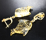 Золотые серьги "Рыбки" с резным полихромным кварцем 42,27 карат и желтыми сапфирами Золото
