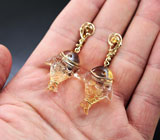 Золотые серьги "Рыбки" с резным полихромным кварцем 42,27 карат и желтыми сапфирами Золото
