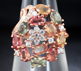 Замечательное серебряное кольцо с разноцветными сапфирами Серебро 925