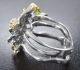 Серебряное кольцо с диопсидами, перидотом и рубином Серебро 925