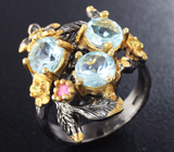 Серебряное кольцо с голубыми топазами, рубином и перидотами Серебро 925