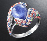Серебряное кольцо с кабошоном танзанита, разноцветными сапфирами и цаворитами Серебро 925