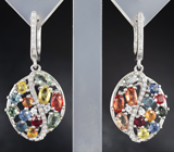 Замечательные серебряные серьги с рубинами и разноцветными сапфирами Серебро 925