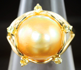 Золотое кольцо с золотистой морской жемчужиной 11,24 карат и желтыми сапфирами Золото