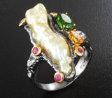 Серебряное кольцо с жемчужиной барокко, турмалином, цитрином и розовыми сапфирами Серебро 925